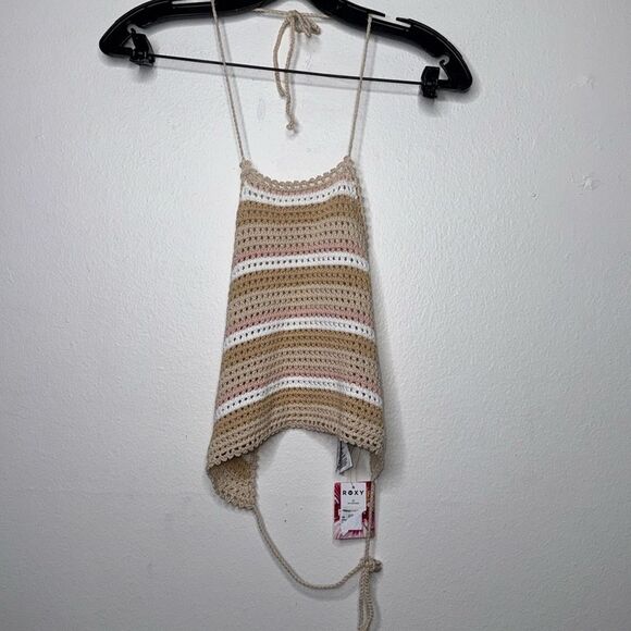 Roxy Daydreamer Crochet Knit Halter Top In Nude/Cream Stripes Size XS - Picture 4 of 9